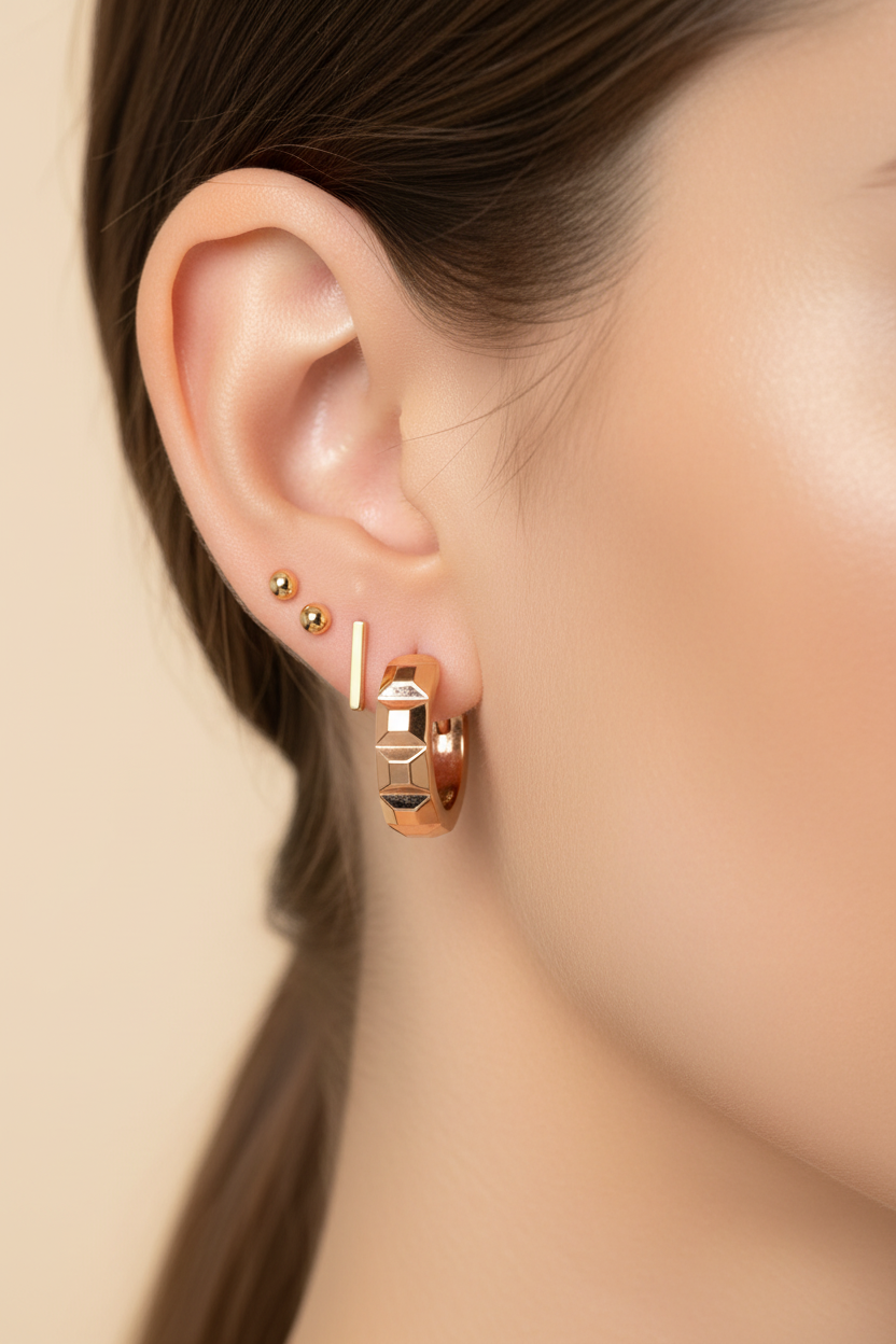14K Gold Faceted Huggie Earring Stack