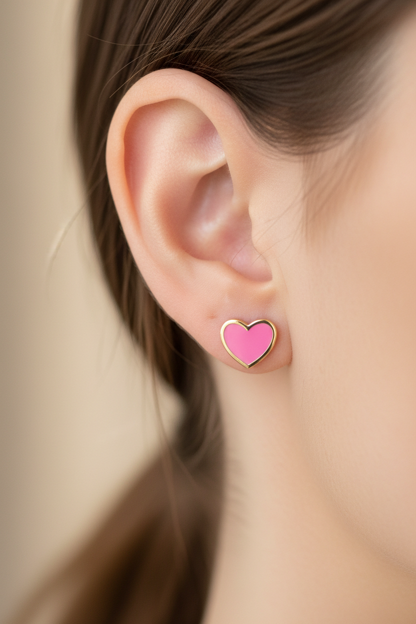 14K Heart Enamel Earring Close-up