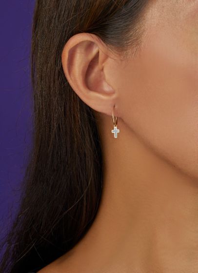 14K Gold Dangle Cross Huggies