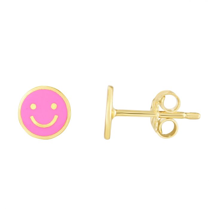 14K Smiley Face Enamel Earrings Studs