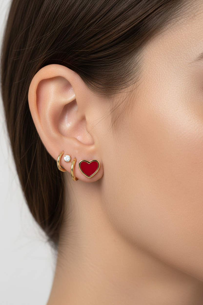 14K Heart Enamel Earring Rojo - Stacked