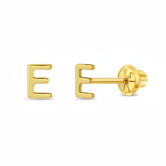 14K Initial E Earrings - White Background